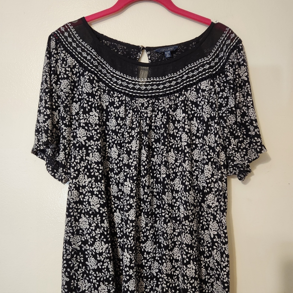 Lucky Brand Black White Ditsy Floral Blouse Mesh Collar Short Sleeve Large